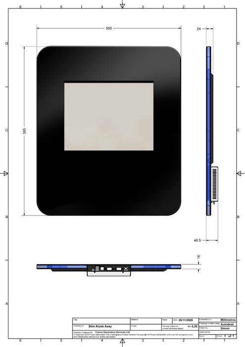 Now available is possibly the worlds thinnest kiosk. Measuring only 18mm deep, this wall mount unit will have many applications and will hang on the wall, protruding no more than a picture.